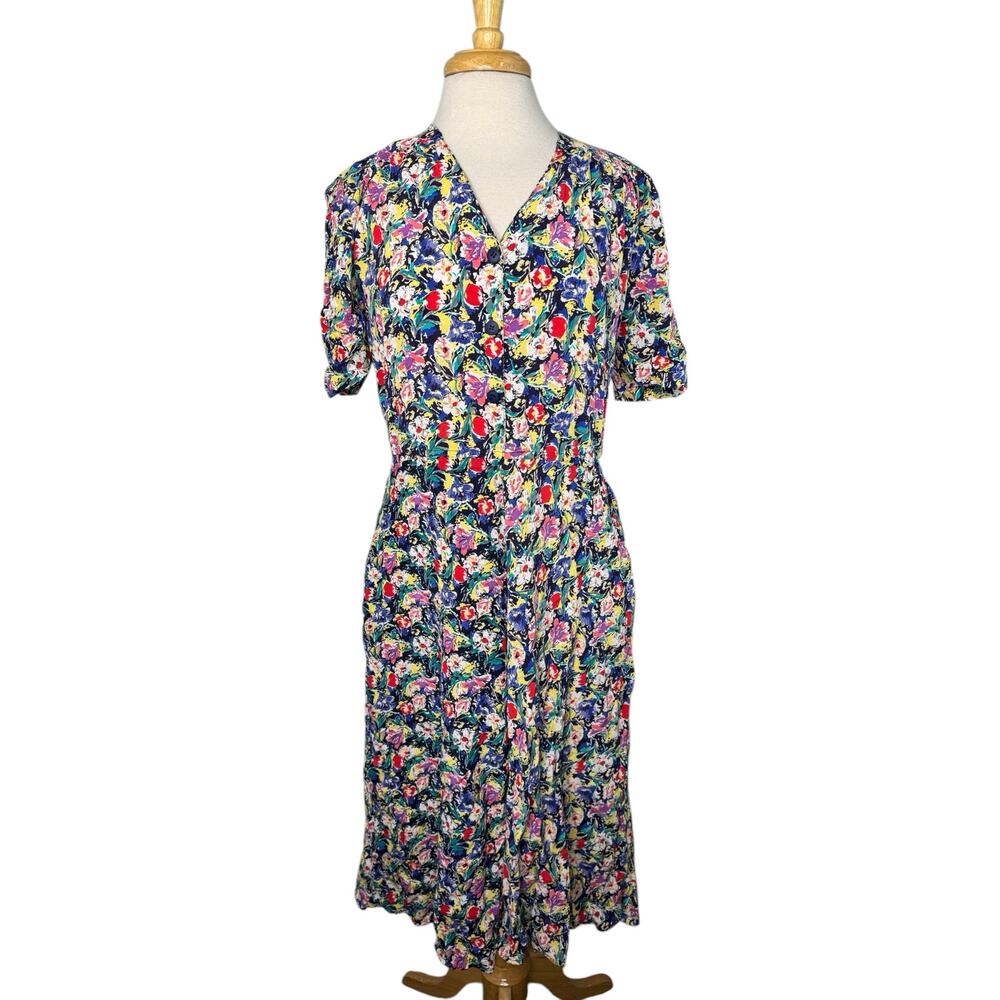 Vintage 80s Rayon Floral Midi Dress Size 9/10 Pockets Buttons CAROLE ANDERSON